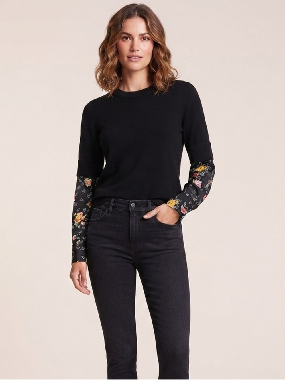 Veronica Beard Black Merino Wool & Silk Floral Layered-Design Sweater Size S